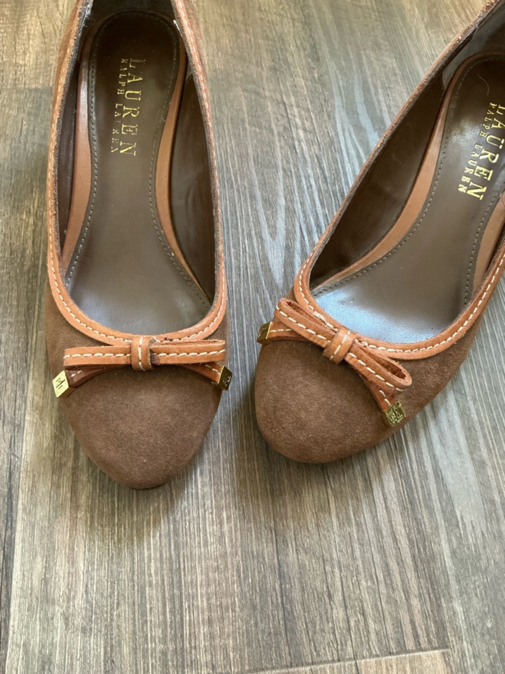 Lauren Ralph Lauren Tan Suede Bow Flats with Gold Accents
